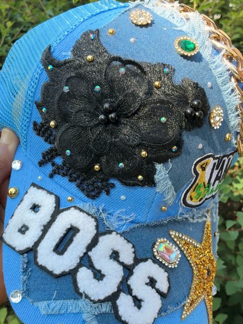 Embellished Blue 'BOSS' Patch Trucker Hat